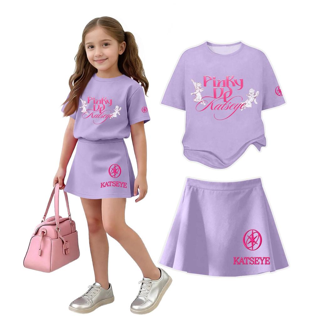 Girls Casual Two Piece Set Loose Fit Short Sleeve Crew Neck Top with Printed Design and Matching Skirt Comfortable Summer Outfit