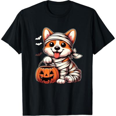 Erkek Kadın Çocuklar İçin Sevimli Cadılar Bayramı Kostümü Galler Corgisi Mumya Köpek Sever Tişört