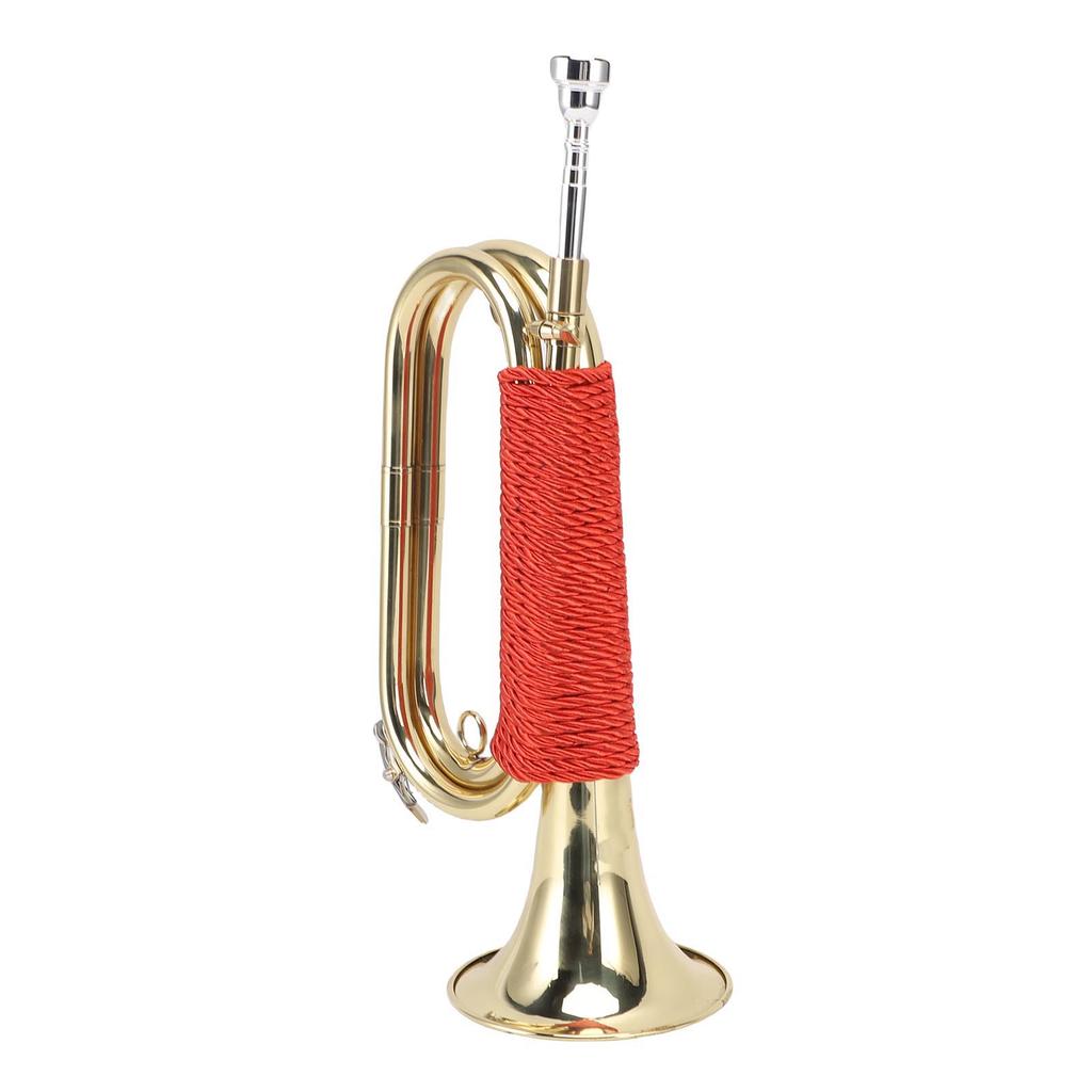 Brass Bugle Gold Plated Cavalry Trumpet with Red Braided Handle for Summer Camp Honor Guard School Band