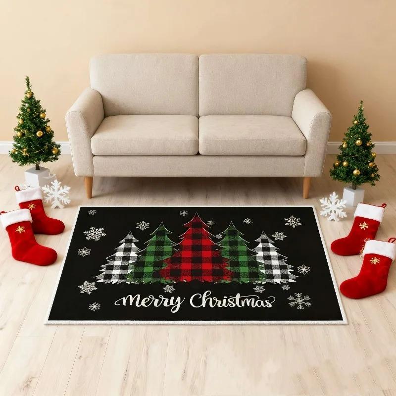 Crystal Velvet Christmas Kitchen Floor Mat with Edge Trim Soft Non Slip Holiday Rug for Home Christmas Festive Decoration