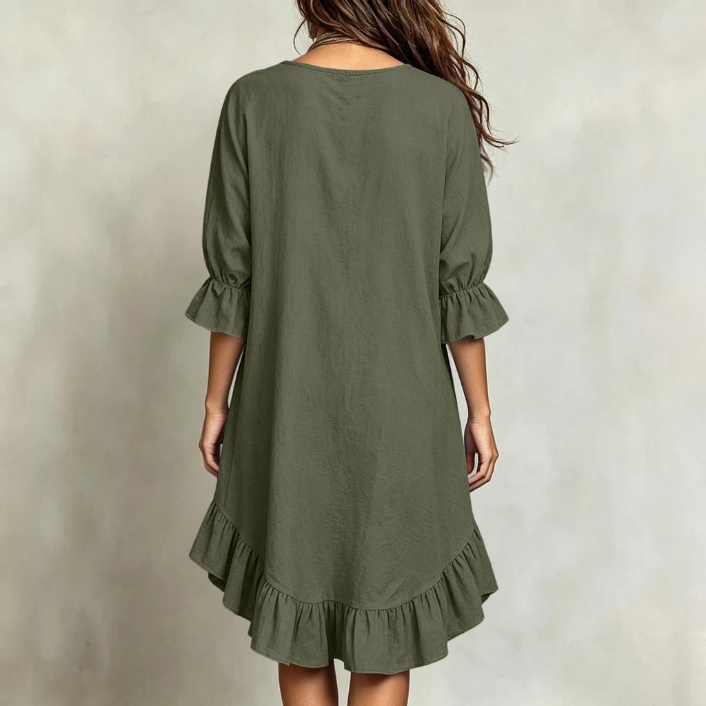 Damen Sommerkleid mit V-Ausschnitt, Ellenbogenärmeln, lockerem Schnitt und Rüschensaum für den täglichen Gebrauch