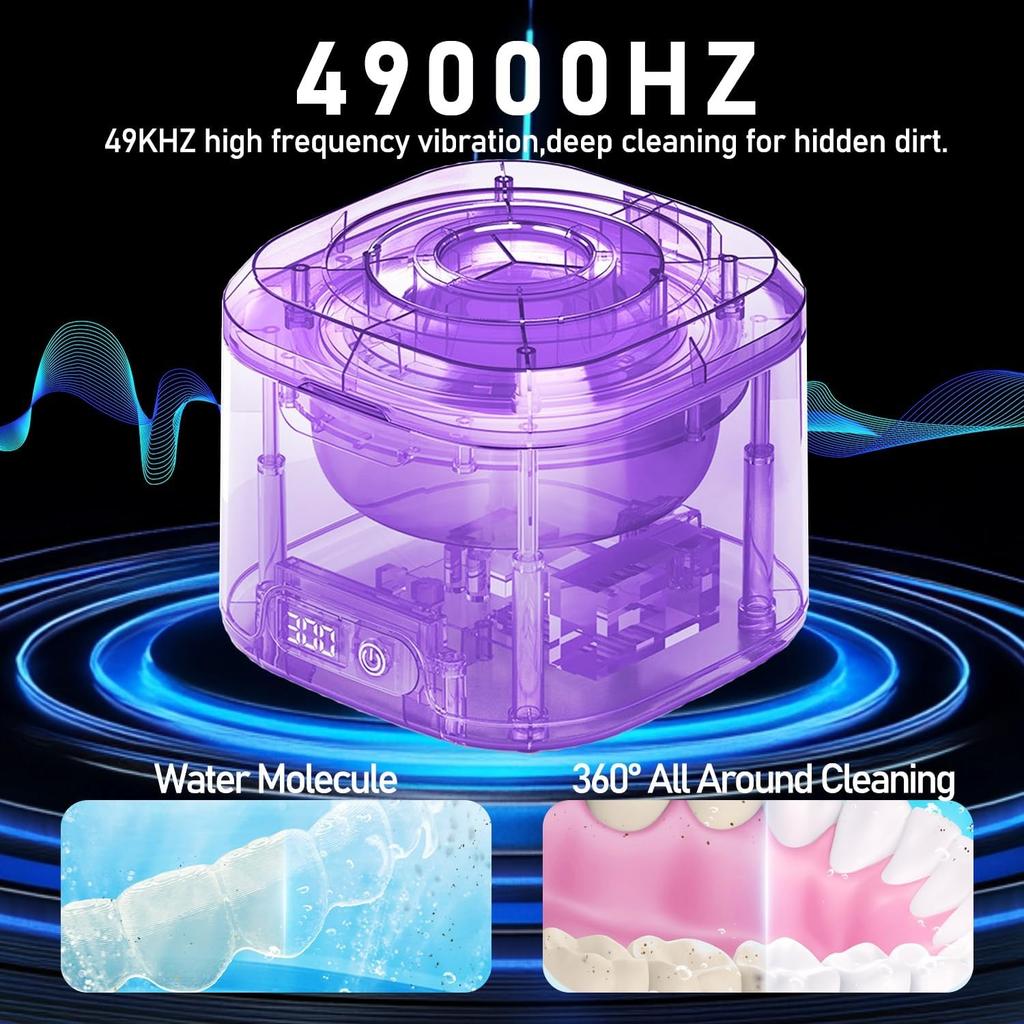 Ultrasonic Retainer Cleaner Machine, 49kHz Ultrasonic Dentures Cleaner for Retainer, Mouth Guard, Aligner, Toothbrush Head, 340ML Ultrasonic Cleaning