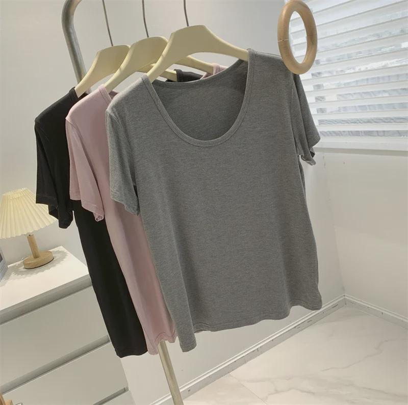 Modal Cotton Women's Grey-Green Loose Short Sleeve Round Neck Top - Soft, Skin-Friendly, and Versatile for Inner or Outer Wear.