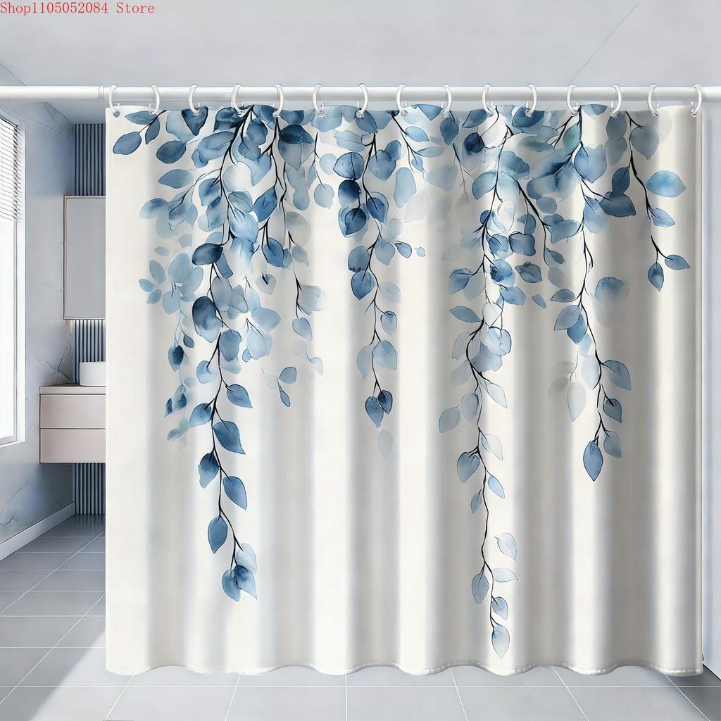 Watercolor Green Hanging Leaves Waterproof Shower Curtain For Bathroom Decor