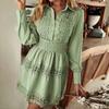 Women's Color Long Sleeve Shirt Dress with Waist-Cinching Lace Trim, Wrinkle-Free for Business Casual Wear