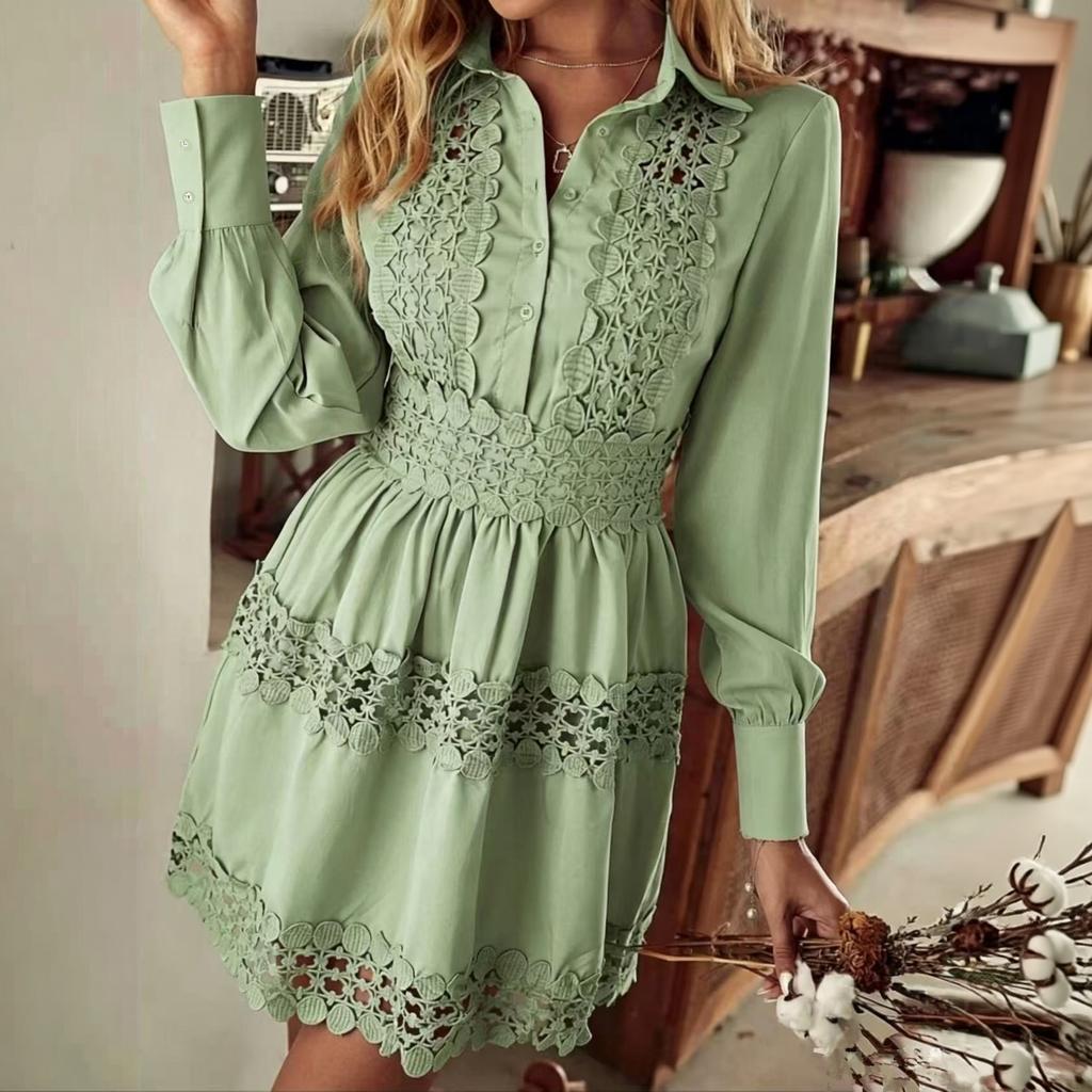 Women's Color Long Sleeve Shirt Dress with Waist-Cinching Lace Trim, Wrinkle-Free for Business Casual Wear