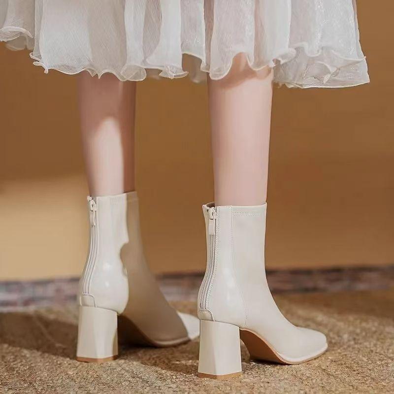 Soft Leather Foreign White Short Boots High-heeled Boots Women's 2025 Autumn and Winter New Martin Boots Thick Heel Rear Zipper Thin Boots