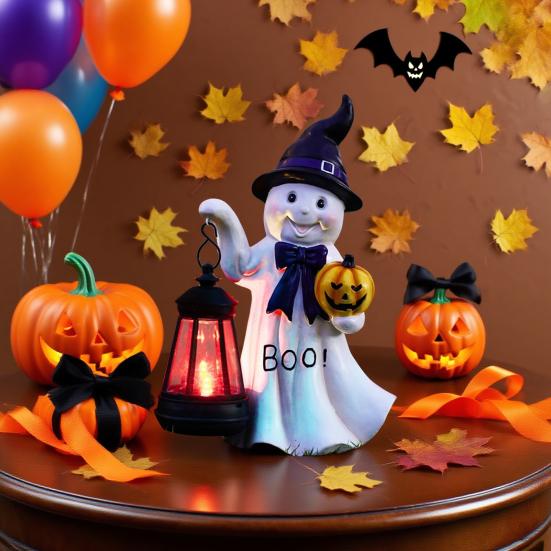 Solární socha ducha Pryskyřičná figurka ducha se solárním lucernovým světlem Osvětlená socha ducha pro Halloween Vnitřní zahrada Patio Veranda Dekorace