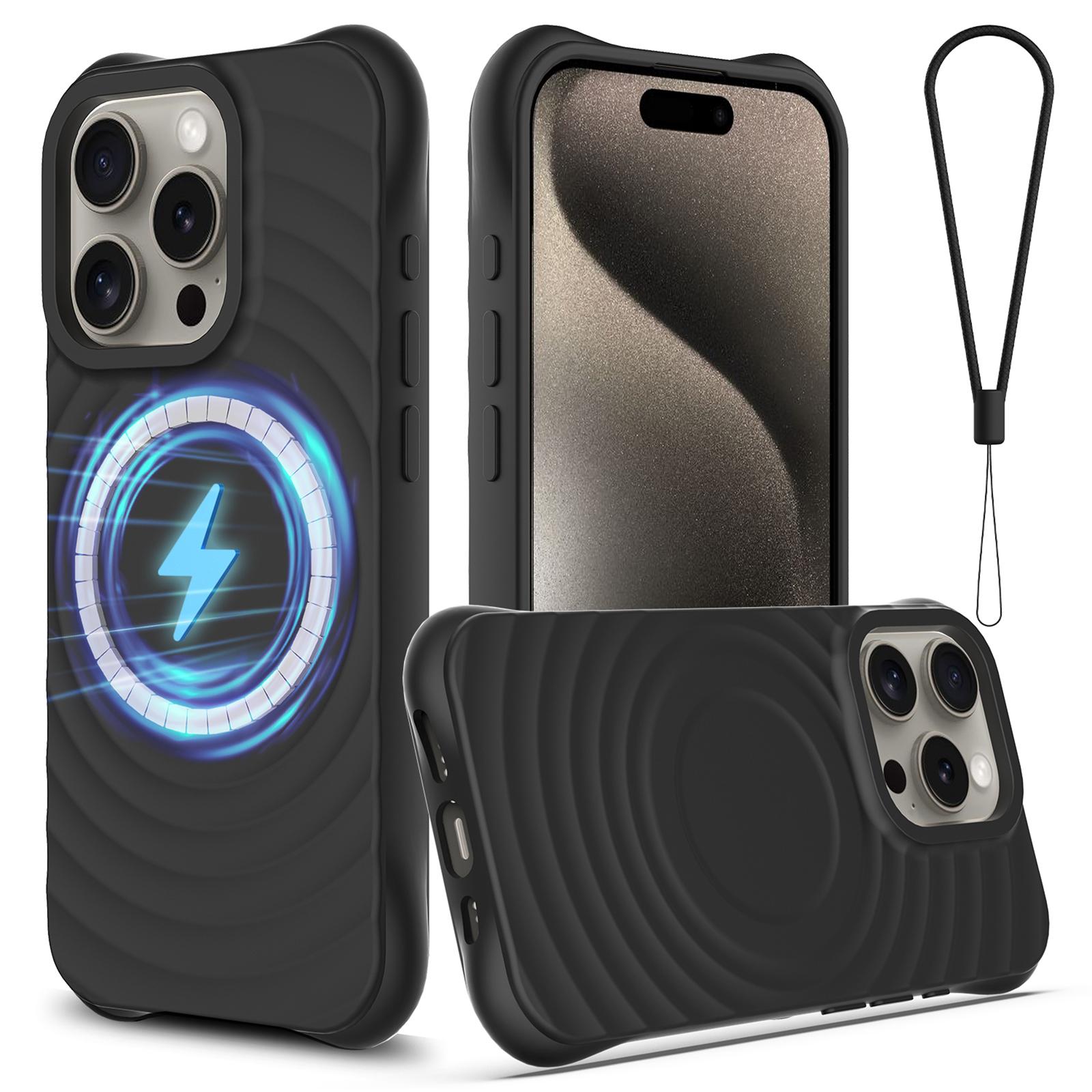 

For iPhone 16 Pro Case Compatible with MagSafe Ripple Texture Liquid Silicone Protective Cover with Strap A