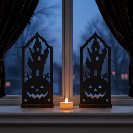 Gothic Tea Light Stand Halloween Candle Holder, Hollow Silhouette Holder for Lights, Dark Aesthetic Home Decor Style Pumpkin Ghost Cat Bat Tabletop