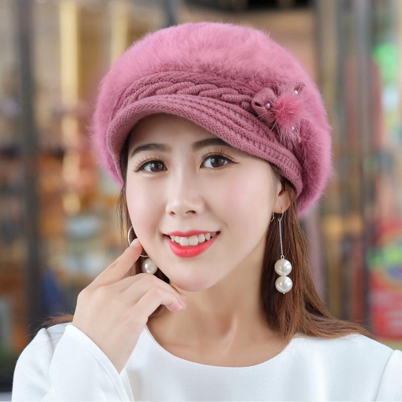 Hat Women's Rabbit Fur Elvet Thick Duckbill Hat Trendy Warm Ear Protection Knitted Hat Korean Version Beret Hat Winter Woolen Hat