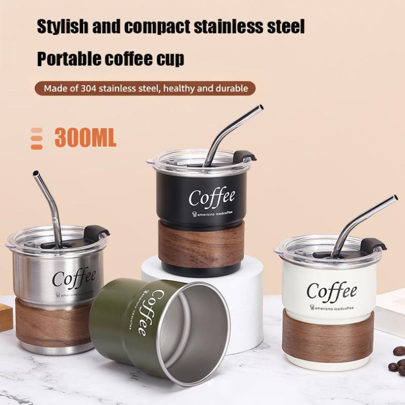 300Ml Coffee Cup With Straw Cover Portable Stainless Steel Anti Scalding Outdoor Camping Beer Mug