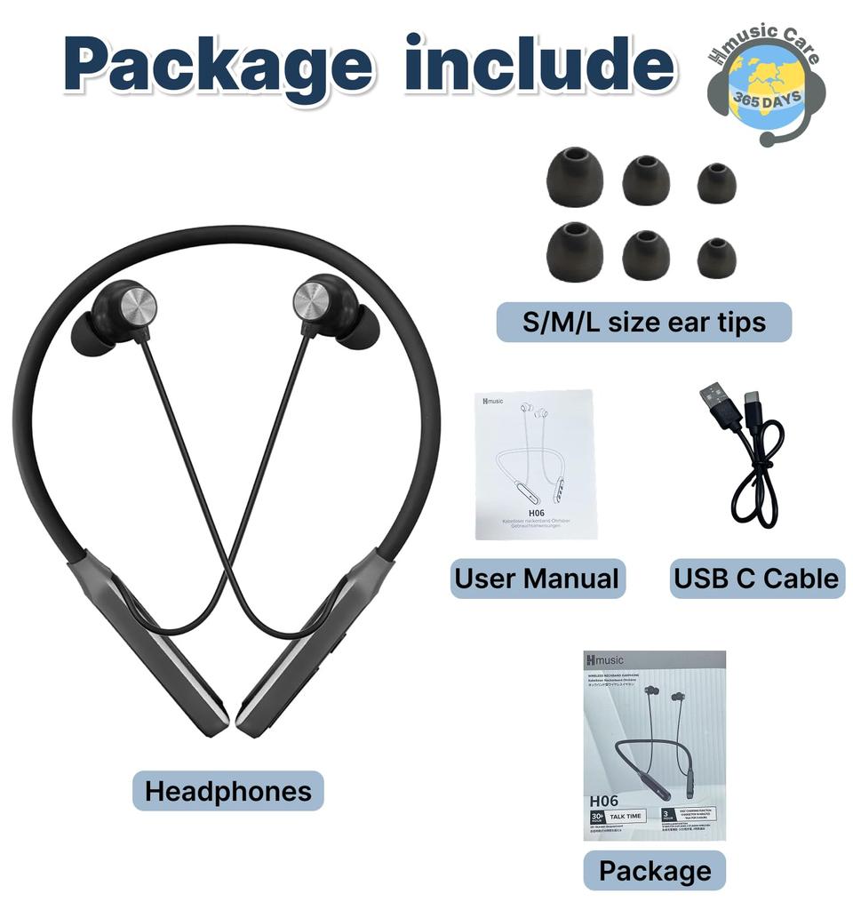 Hmusic 2025 Neckband Earphones, Bluetooth 5.4, 30+ Hours of Battery Life, IPX5 Waterproof, Multi-Point Headphones with Magnetic, Game Mode, Noise