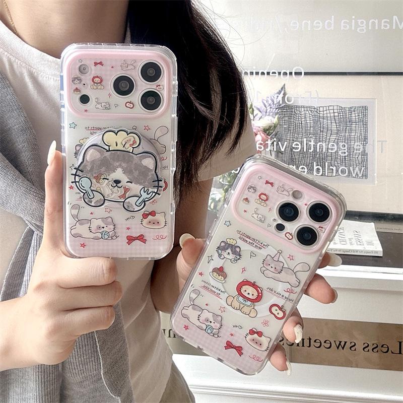 Korean Patchwork Plaid Magnetic Cat iPhone Case for iPhone 17/16 Pro Max/15 Pro