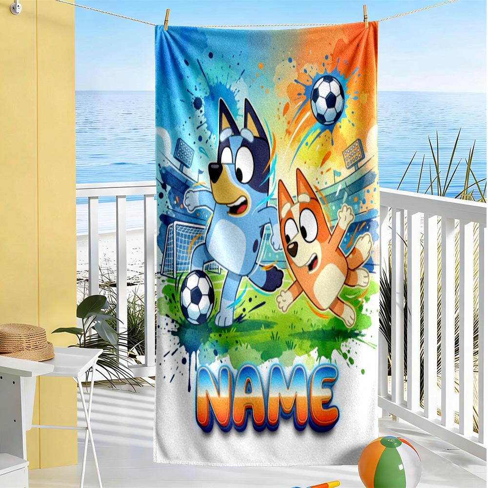 Bluey's Soccer Fun Customize Text Beach Towel Super Soft & Absorbent