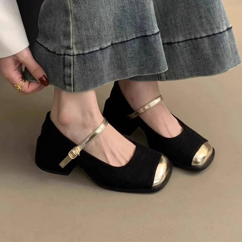 Fashion French Style Block Color Women's Shoes 2024 Spring Autumn New Flat High Heel Shoes Comfortable Commuting Not Tired Feet