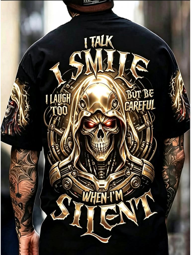 Men's Skull Full Back Print Short Sleeve T-Shirt Hardcore Dark Style Casual Top A Fashionable and Perfect Gift