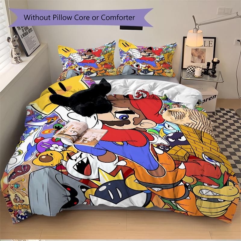 3pcs Colorful Journey Super Mario Adventure Quilt Set Cartoon Themed Bed Quilt Set Lovely Character Bedroom Decor Bed Quilt Set Four Seasons (1 C