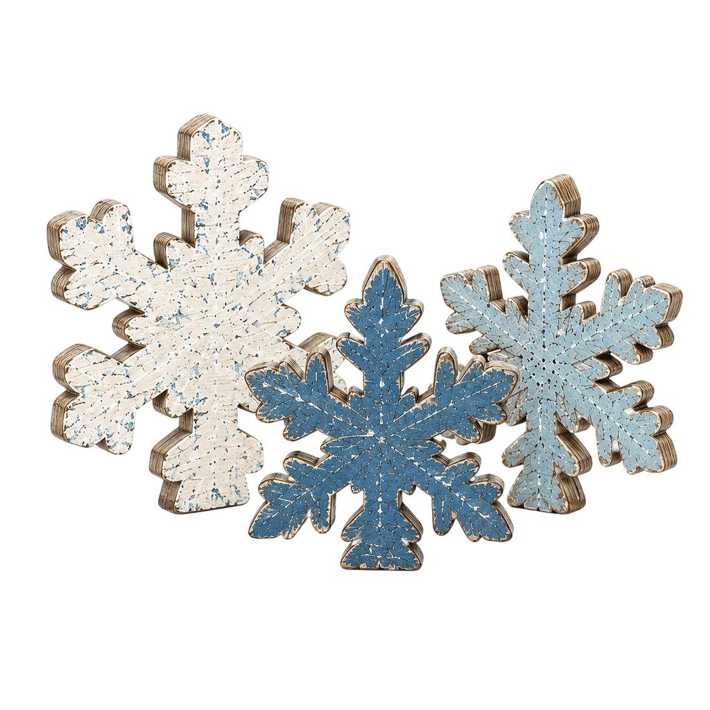 Wooden Snowflake Ornaments Set of 3 - Winter Holiday Hanging Decorations for Home
