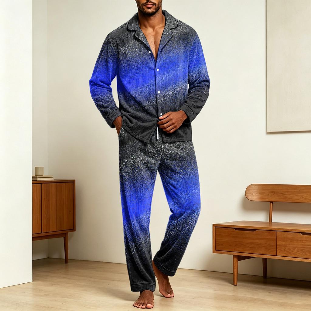 Men's Casual Pajama Set with Loose Fit Corduroy Pants and Printed Long Sleeve Lapel Collar Button-Front Top