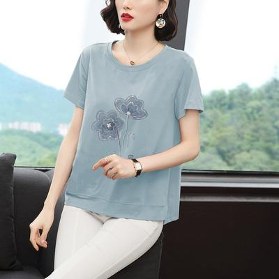 Round Neck Printed Short-sleeved T-shirt Women's Summer Pullover Plus Size Loose Mother Casual Top
