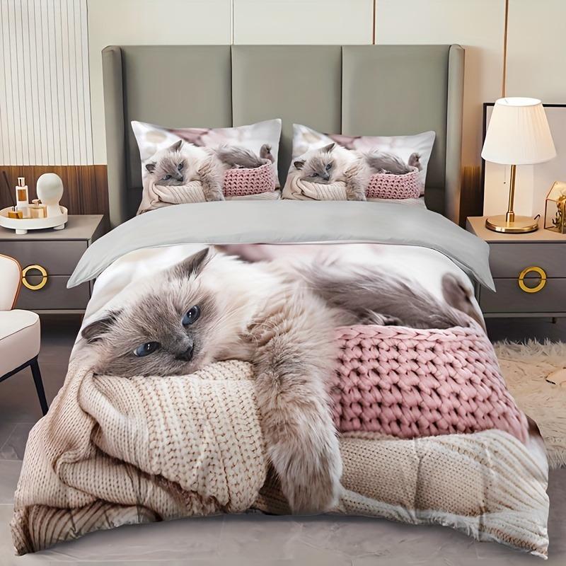 

Cat Digital Printing Bed Three-Piece Set Four-Season Universal Pillowcase Quilt Cover Set 135x200cm