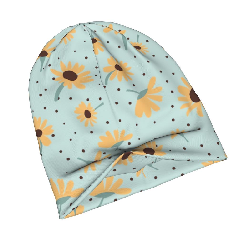 ZLIENSZUS Adult Beanie Hat with Mint Blue & Yellow Daisy Print - Flat Stem Winter Suitable for Streetwear, Layering for Fall Outfits, Casual Weekend F