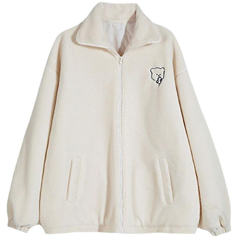 Herbst Winter Locker Stehkragen Lammjacke Damen Fleecegefüttert Dick Cartoon Bär Plüsch Oberteil