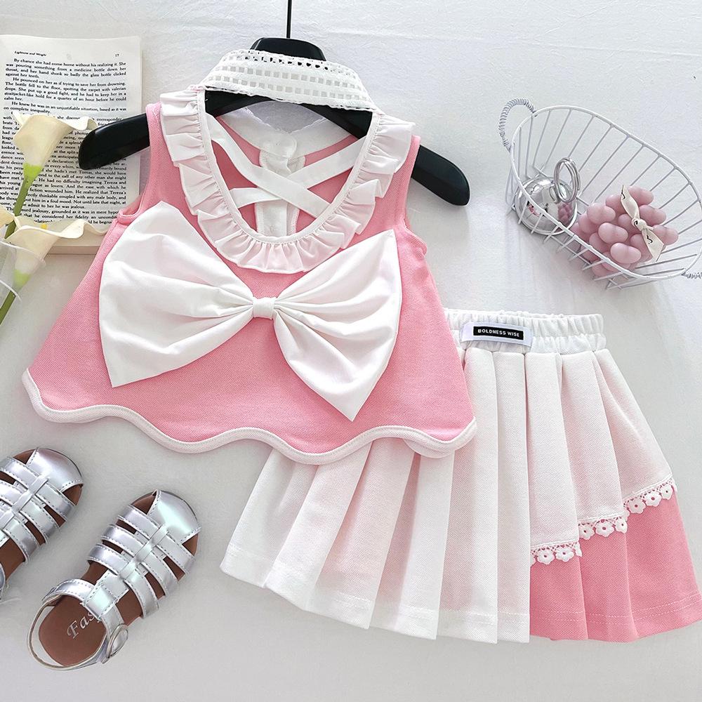 2025 Girls' Summer Set: Backless Sleeveless Top & Pleated Skirt In Princess Style