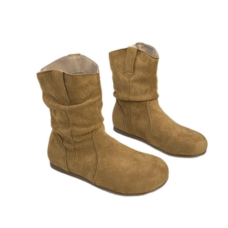 Frosted version~ Retro flat-bottomed short boots women's western boots autumn and winter sleeve round head stacking boots slim short women's boots