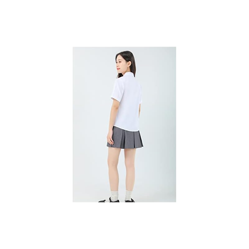 [Sharphon] Women's School Shirt, Short Sleeve, Pointed Collar, Plain Cotton Shirt, Top with Pocket