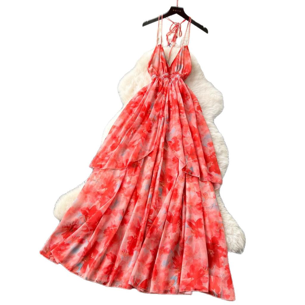French sexy deep V-neck neck suspender dress women's summer waist temperament ruffle edge pendulum print dress