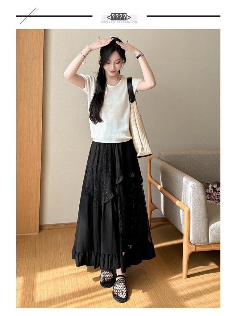 Women's White Lace Ruffled Midi A-line Cake Skirt - 2026 Spring/Summer