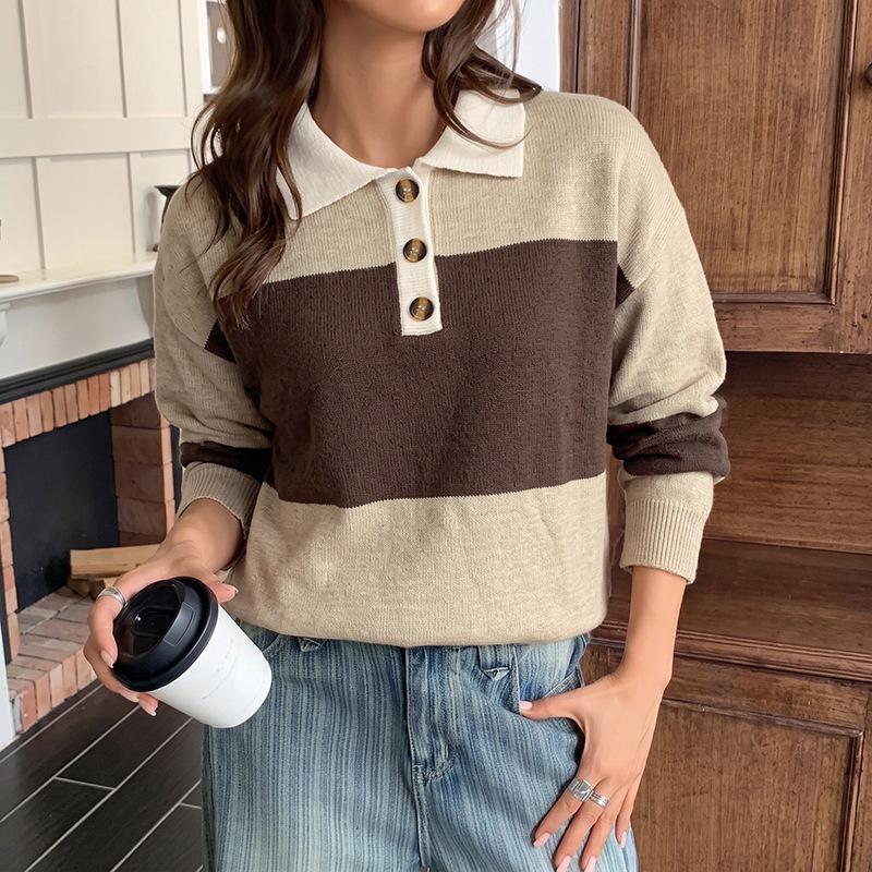 2026 Women's Retro Stripe Polo Collar Knit Sweater - Autumn/Winter Long Sleeve