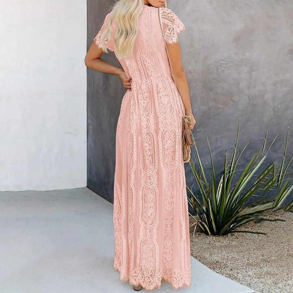 Summer New European American Style Women's Dress V-neck Short Sleeve Hollow Out Sexy Lace Trim Long Maxi Dress