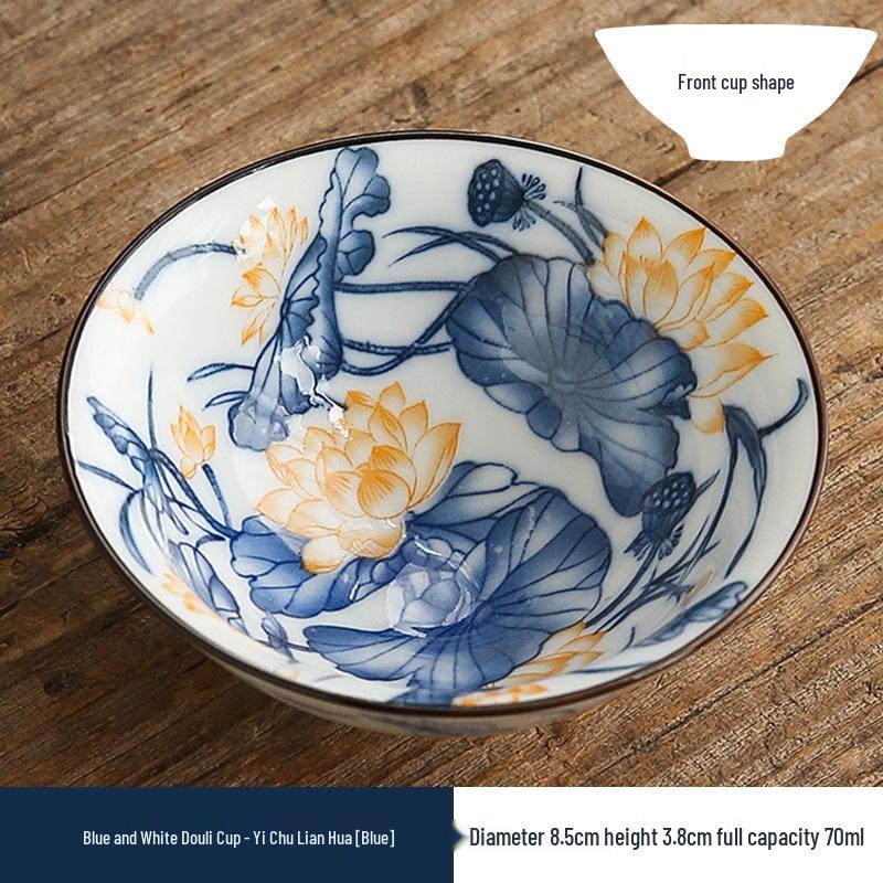 Two-Color Blue & White Porcelain Douli Teacup - Ceramic Kung Fu Master Cup, Japanese Tasting Bowl, Single Tea Cup.