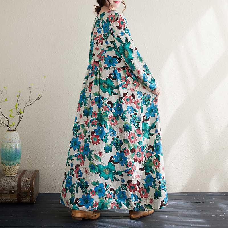 

Осенние цвета отпуск стиль путешествия круглый вырез ретро длинное покрытие телесного цвета хлопок лен повседневные платья 2XL