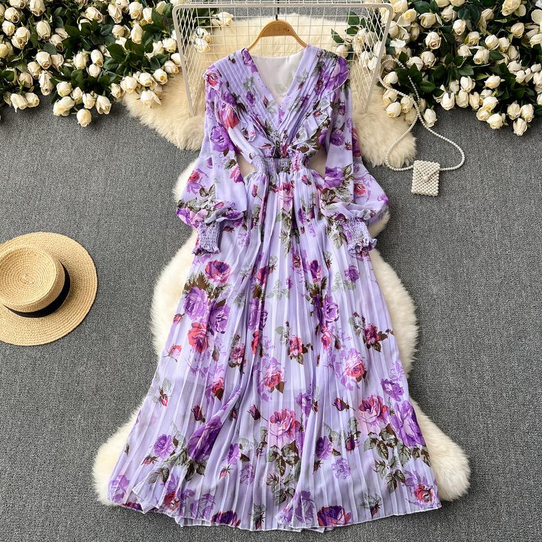 Kobiety słodkie dekolt w serek latarnia rękaw vintage print francuski styl slim fit szyfonowe sukienki dresowe plisowane duży rozkloszowany szlafrok sukienka