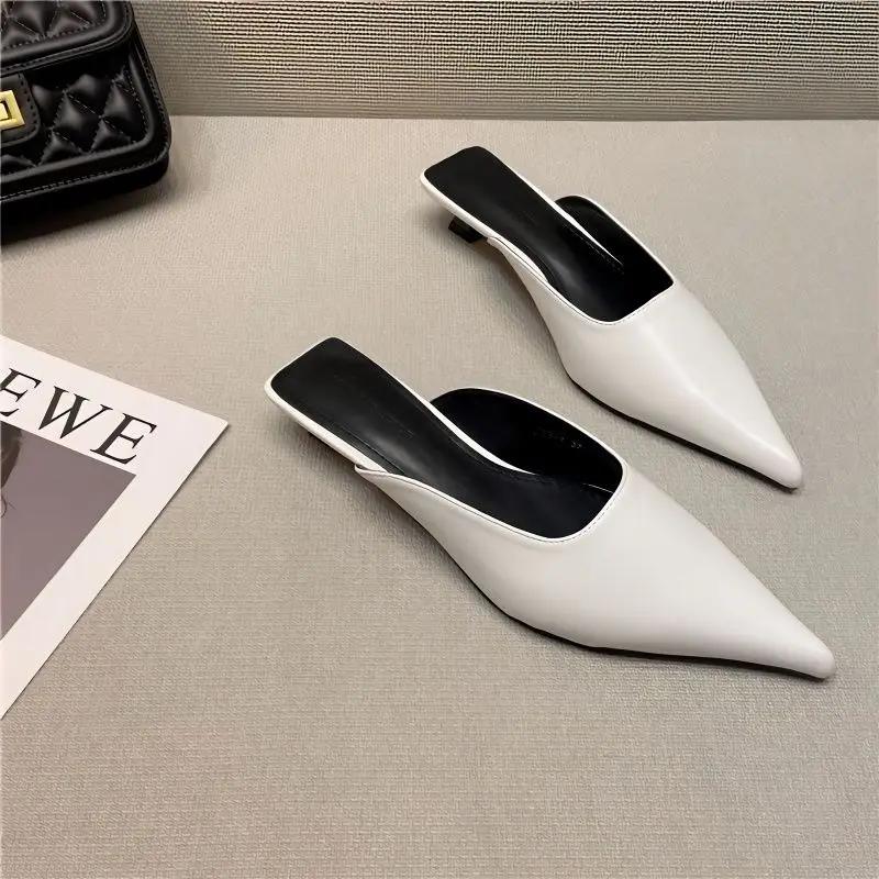 Fashion Woman Slippers Pointed Toe Outside Job Sandals Slides Mules Low Heel White Shoes for Women with Comfortable Luxury Korea Style