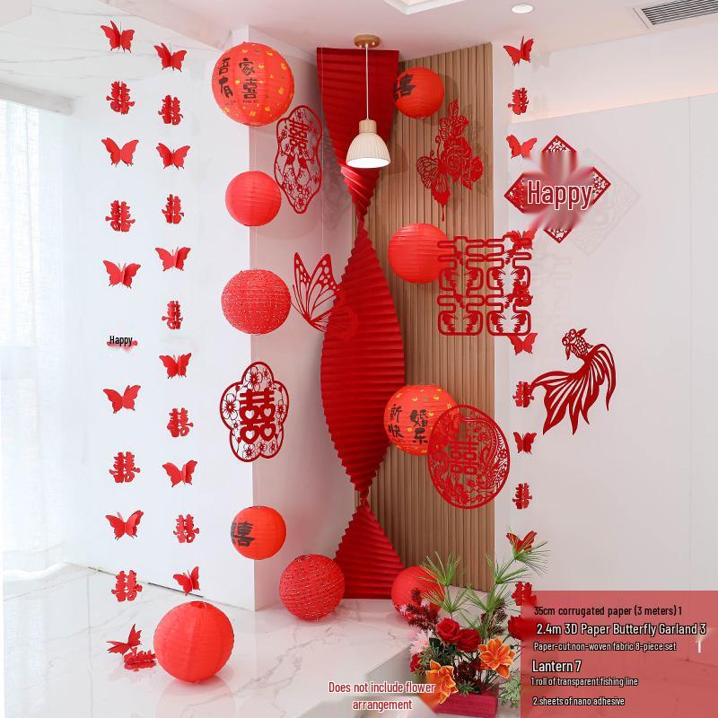 Double Happiness Wedding Room Decor Set: Non-Woven Fabric Papercut for Bride and Groom's Bedroom or Hotel.