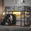 Pat supraetajat metalic 140x200 cu compartimente de depozitare, dulapuri și dulap, iluminare LED, negru
