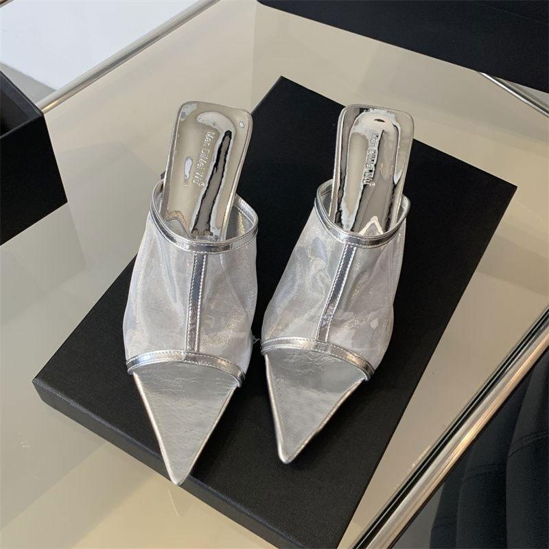 

Fashion New Women Pointed Mesh Stiletto Pumps Solid Strappy Shallow Thin Heels Pull-on Slippers Fashion Dress Shoes Zapatos De Mujer 40 серебряный