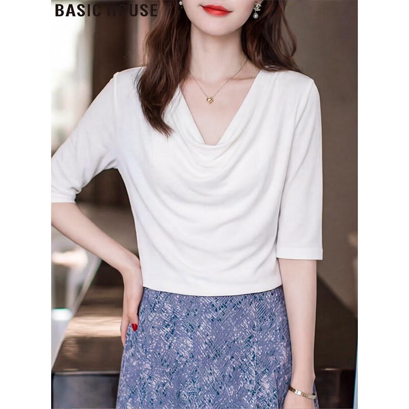 Basic House Women s Draped Neck Half-Sleeve T-Shirt M