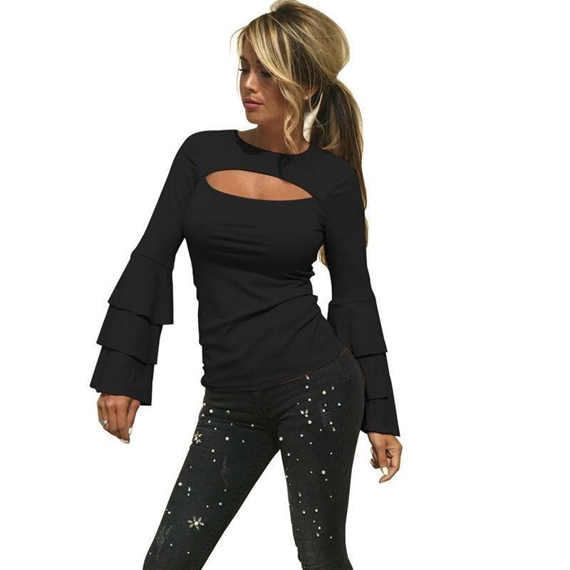 Fashion Sleeve Flare Solid Color Blouse Bottoming Cotton Sexy Clothing Tshirt