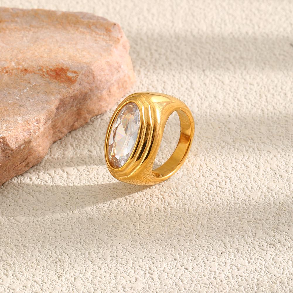 18K Gold Titanium Steel Oval Zircon Ring for Women - Luxury Niche Design