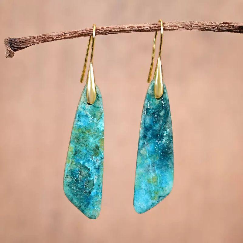 

New Chinese Style 2025 All Year Round Easiest for Match High Quality Natural Stone Geometric Pendant Celite Earrings Earring Ornament Jewelry Sky Blue Gold Hook