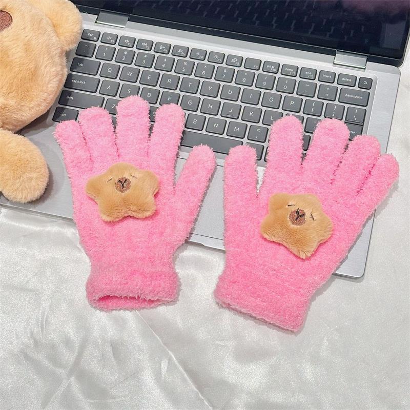Cute Capybara Gloves Plush Coral Fleece Cold-Proof Gloves Five-Finger Gloves Student Winter Warmer Gloves Girly Christmas Gifts