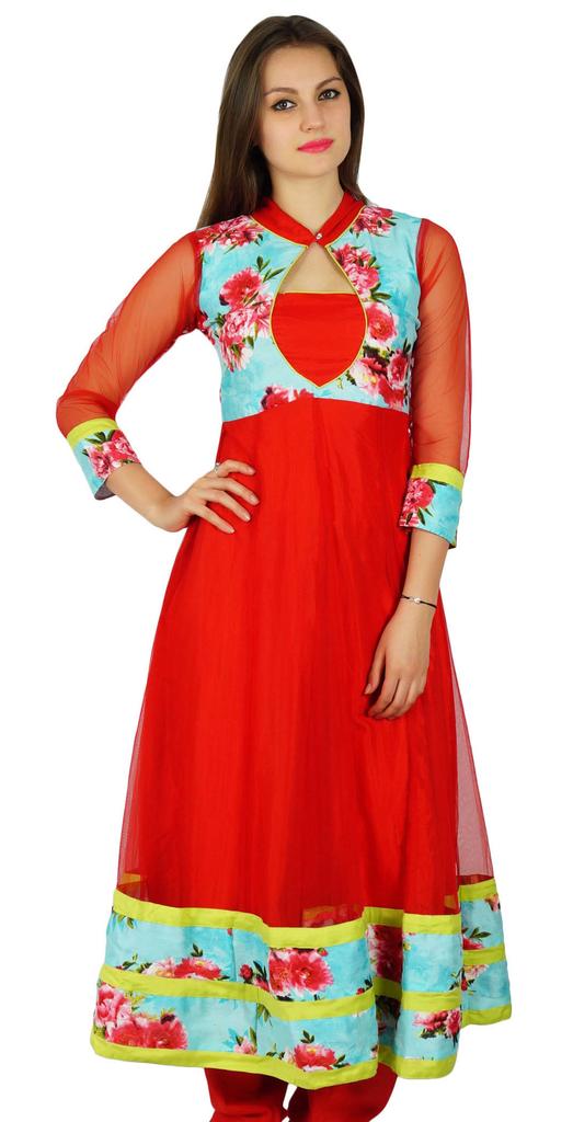 Bimba Womens Classic Net and Dupion Silk Anarkali Kurta Red Kurti Long Formal Party