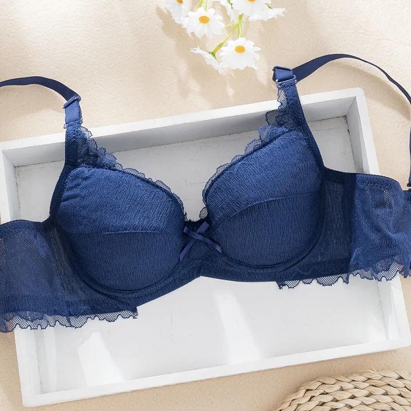 

Нижнее белье со стальным кольцом. Женский ультратонкий бюстгальтер со сборками. 42/95C синий