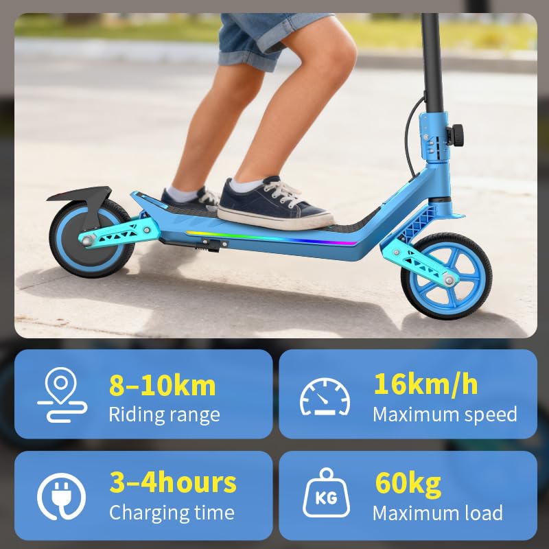 Electric Scooter (6-12Y) | 16km/h, 10km Range, Foldable | Dual Shock Absorbers & E-ABS | LED Display & Colorful Lights